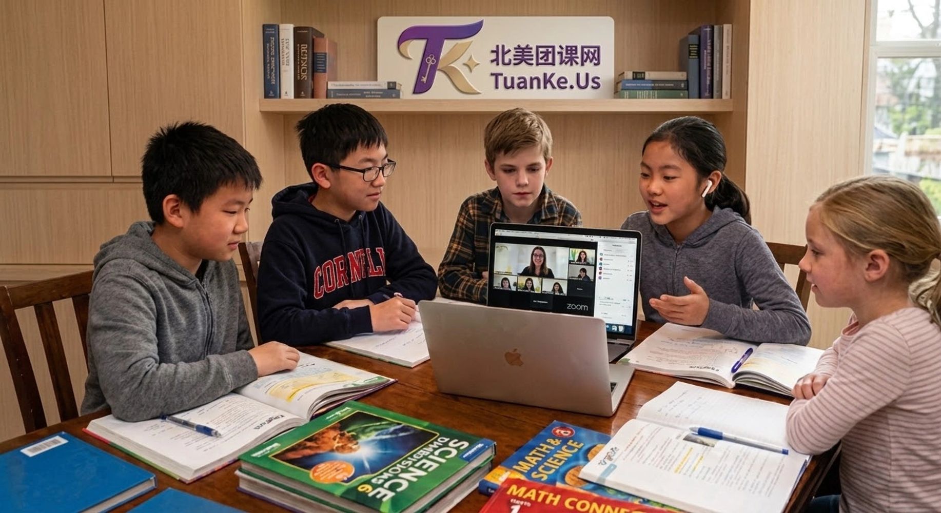 Group of kids studying together with laptops and books.