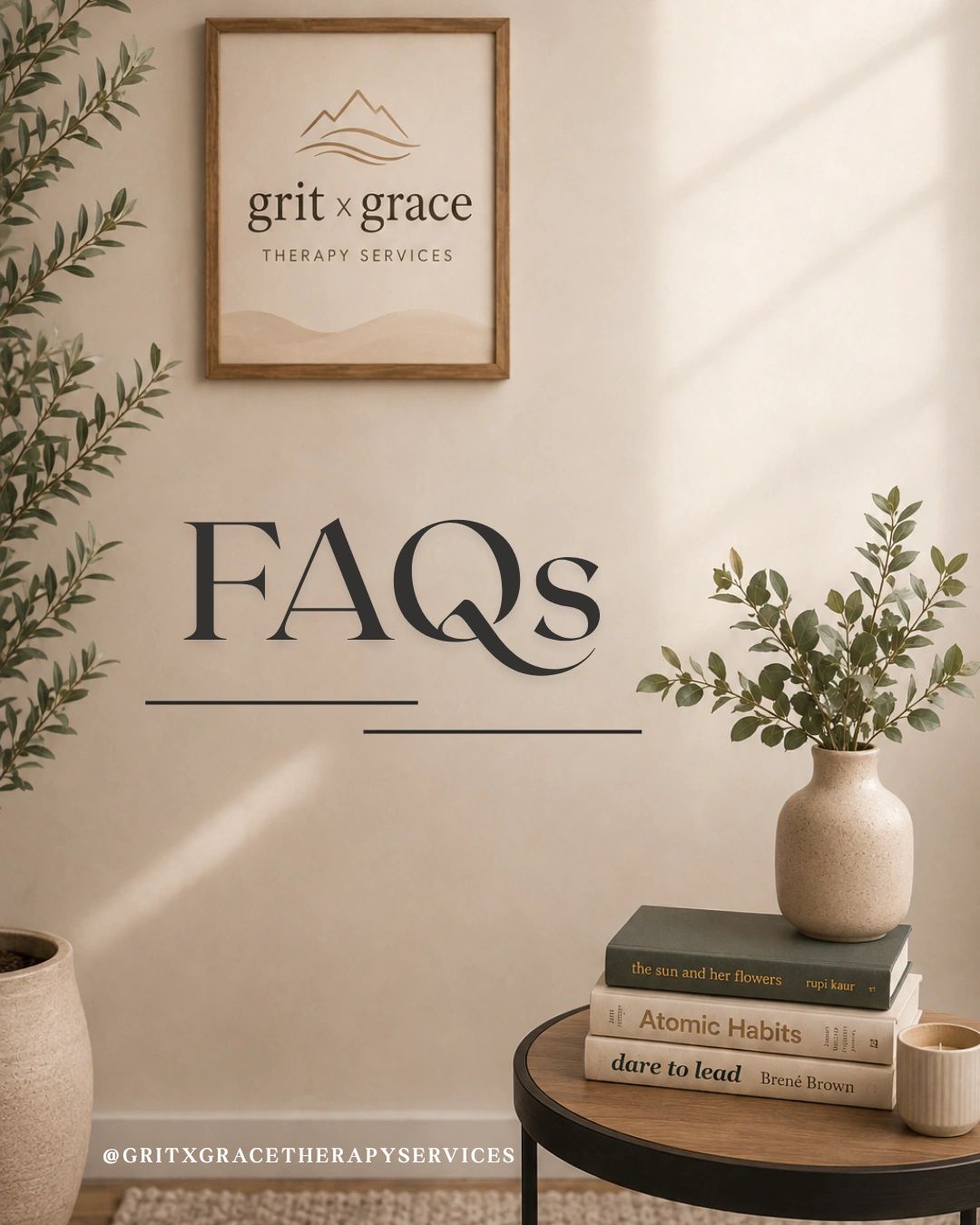 Calm therapy setting with FAQs and self-help books.