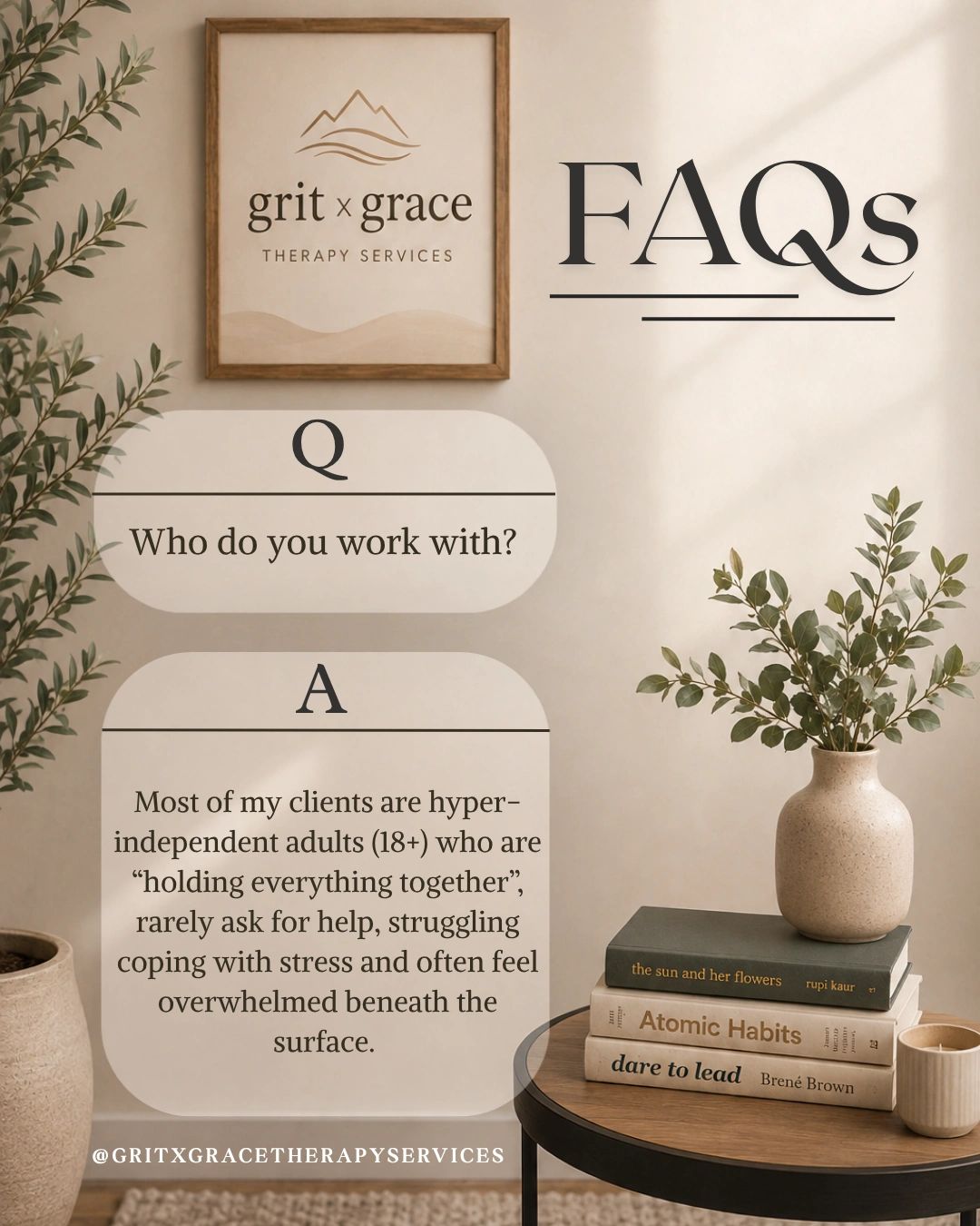 Therapy FAQs from grit x grace for adults managing stress.
