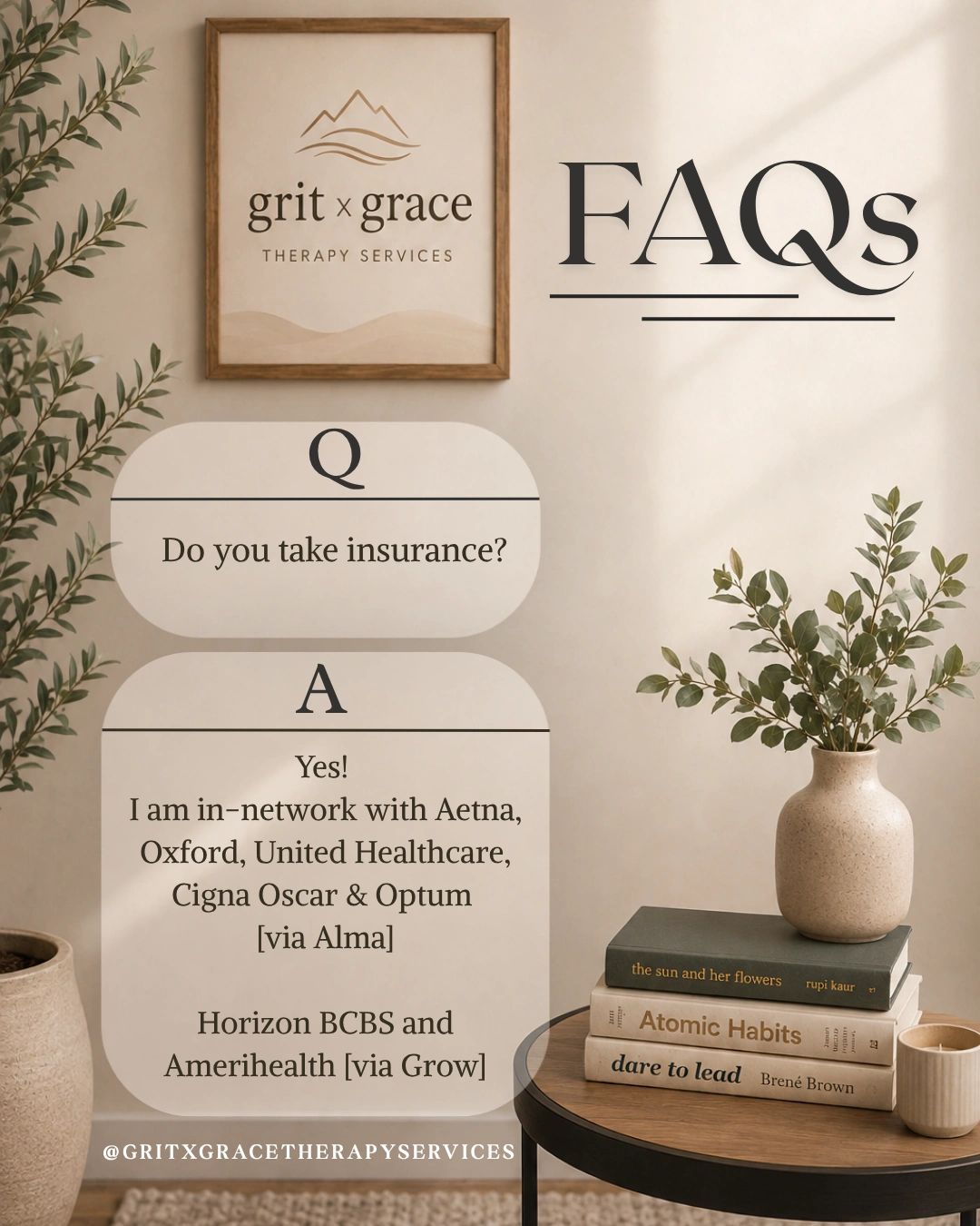 FAQs about insurance acceptance at Grit x Grace Therapy Services.