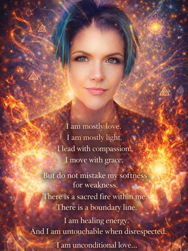 A mystical woman surrounded by fire and light with an empowering message about love and boundaries.