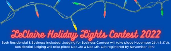 LeClaire Holiday Lights Contest 2022 announcement with colorful string lights.