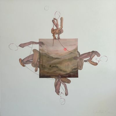 Surreal artwork of four faceless figures interacting around a central landscape square.
