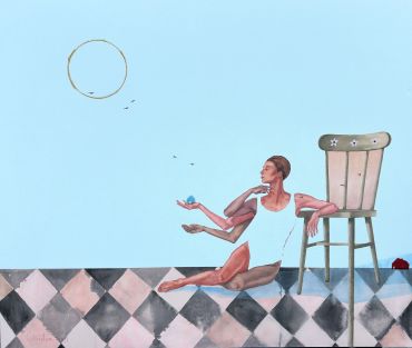 Surreal figure with four arms balancing a blue sphere and a chair.