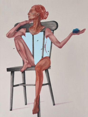 Artistic depiction of a seated woman with sky scene inside her body.
