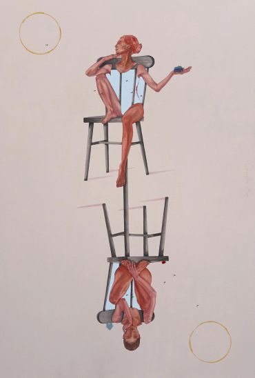 Artistic painting of a woman on a broken chair with reflection.