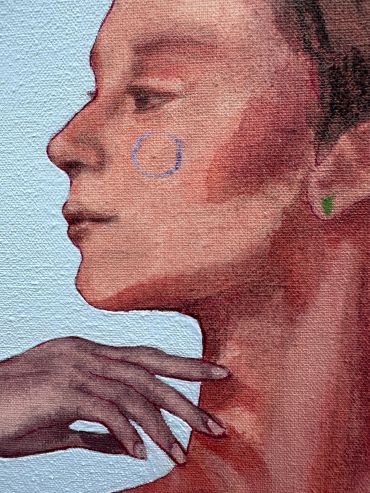 Side profile painting of a woman with hand near neck.