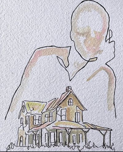 Abstract outline of a person behind a detailed house drawing.