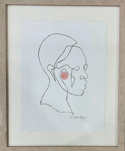 Minimalist single-line portrait with a red cheek spot in a wooden frame.