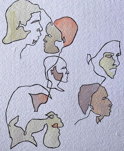Abstract continuous line art of diverse human faces with earthy color accents.