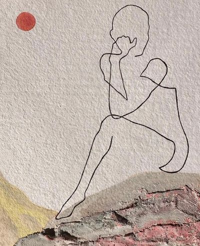 Minimalist line art of a person sitting on rocks under a red sun.