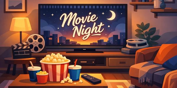 Cozy living room set up for movie night with popcorn and drinks.