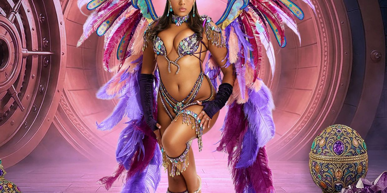 A carnival dancer with elaborate purple and pink feathered costume.