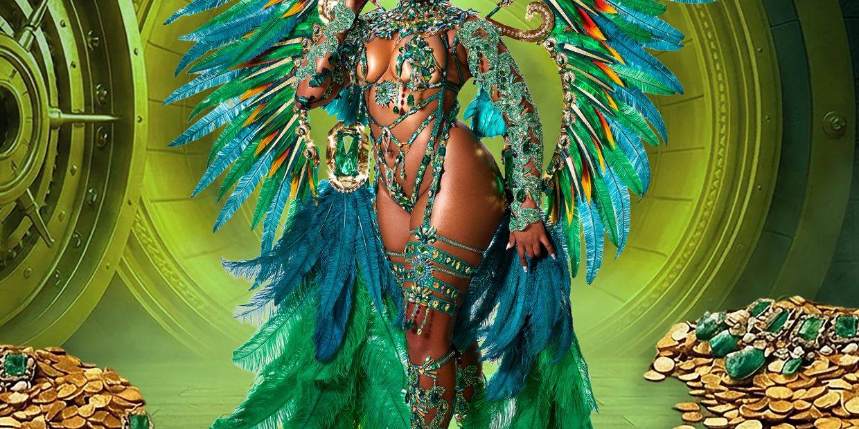 Woman in elaborate feathered carnival costume with jewels and wings.