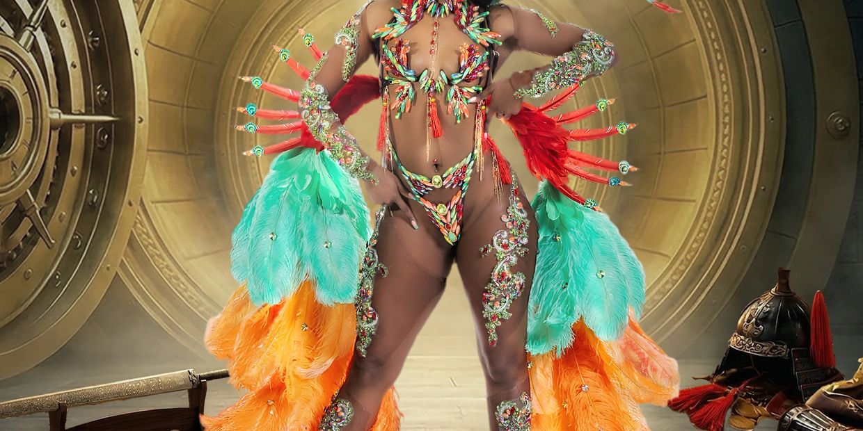 A vibrant carnival costume with feathers and jewels in front of a vault door.