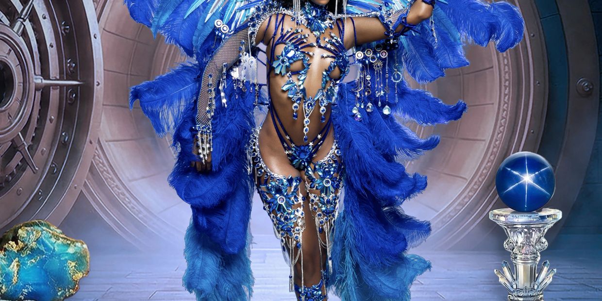 A vibrant carnival costume in dazzling sapphire blue with feathers and jewels.