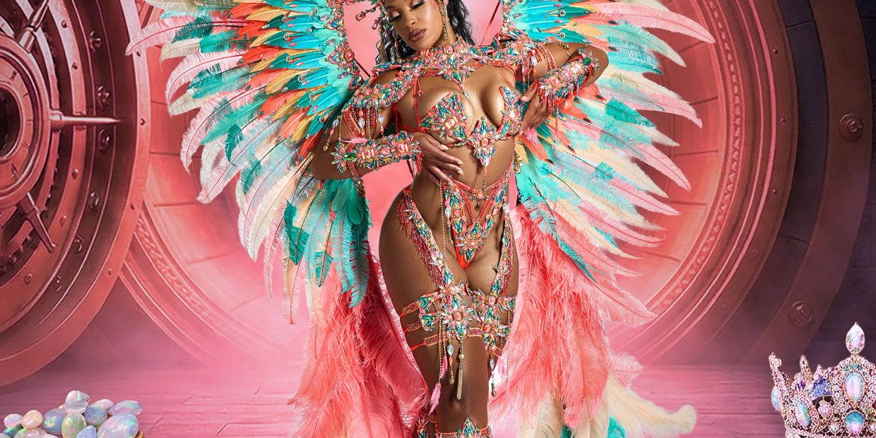 Woman in vibrant feathered costume with a vault background.