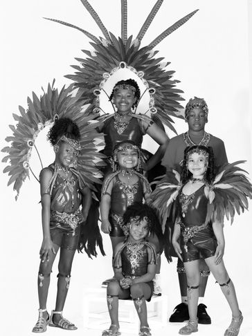 Group of children in elaborate feathered carnival costumes posing for a photo.