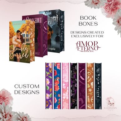 Custom-designed book boxes with unique spine art by K. Rasmussen.