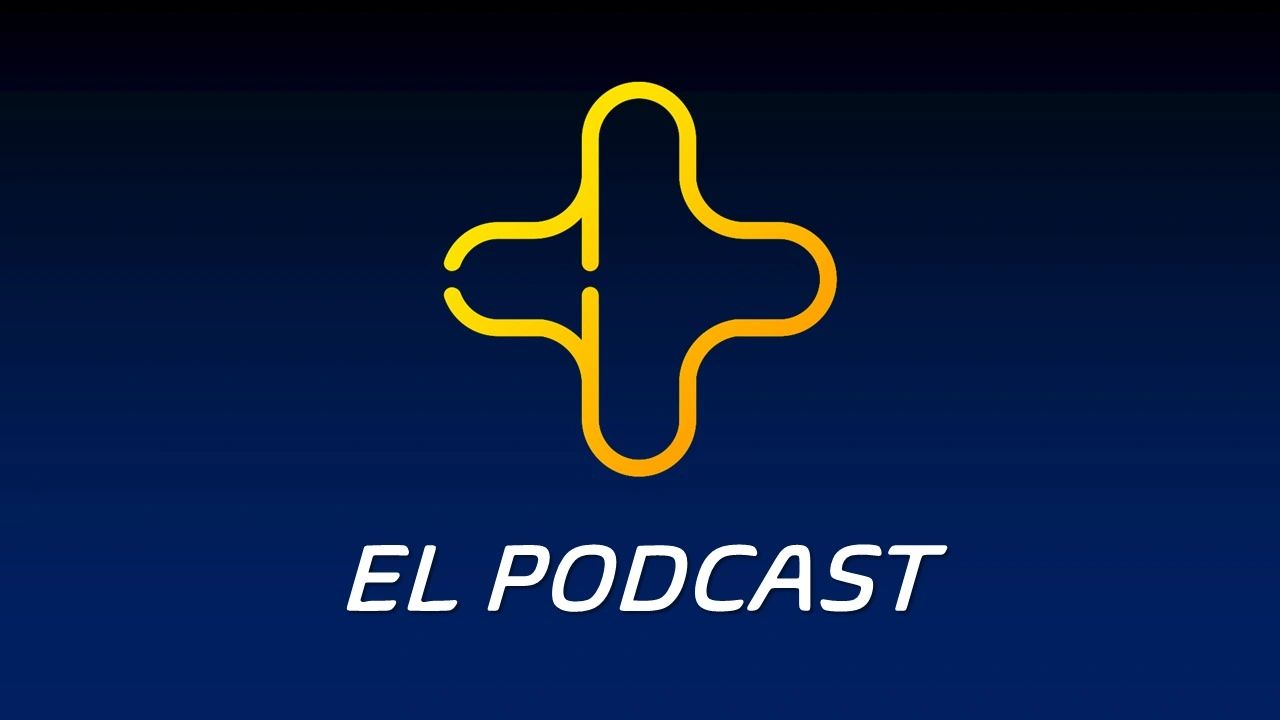 Logo amarillo y texto 'EL PODCAST' sobre fondo azul degradado.