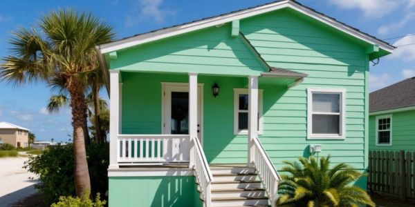 A bright green beach house with a palm tree.