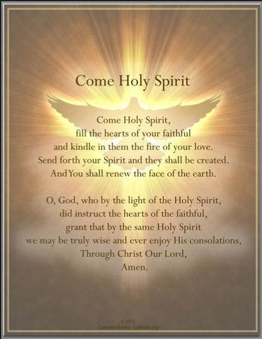 A prayer titled 'Come Holy Spirit' with a glowing dove background.