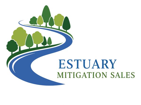Logo with a winding blue river and green trees for Estuary Mitigation Sales.