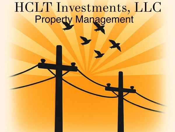 Logo of HCLT Investments, LLC with birds and power lines against an orange sunburst background.