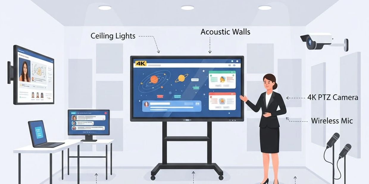 Modern conference room with interactive flat panel and advanced audio-visual equipment.