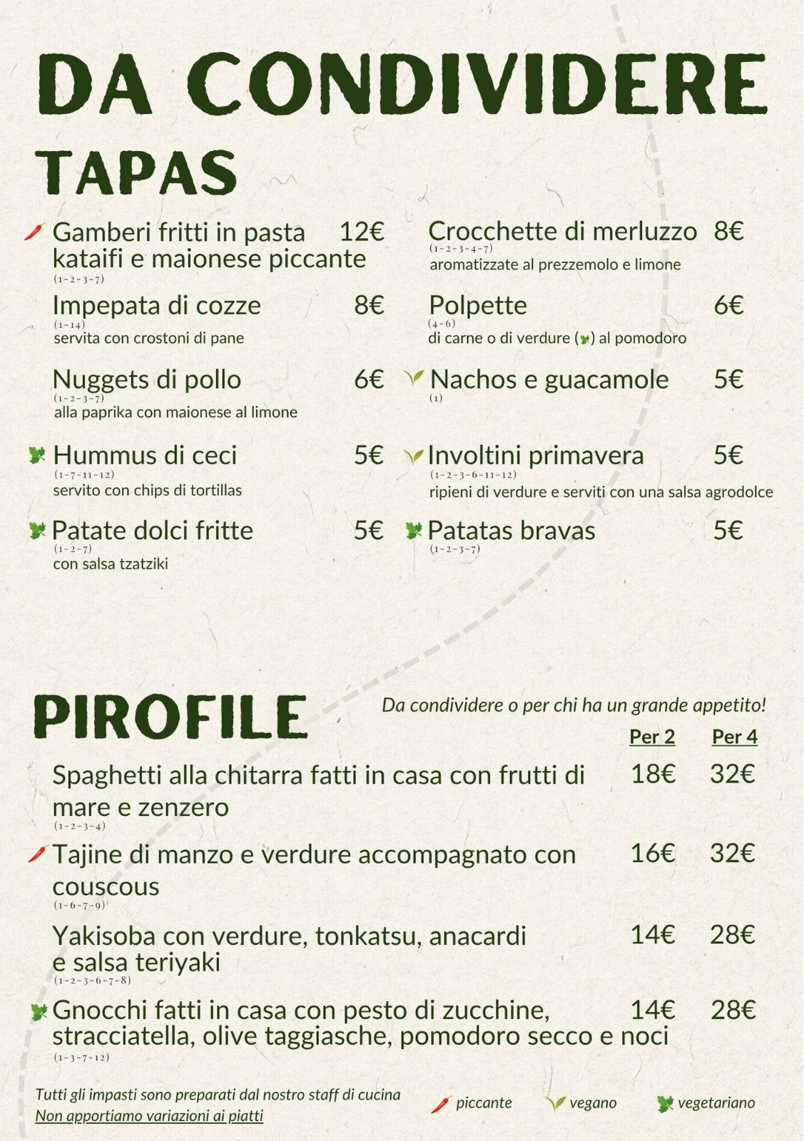 Italian tapas and pasta menu with spicy, vegan, and vegetarian options.