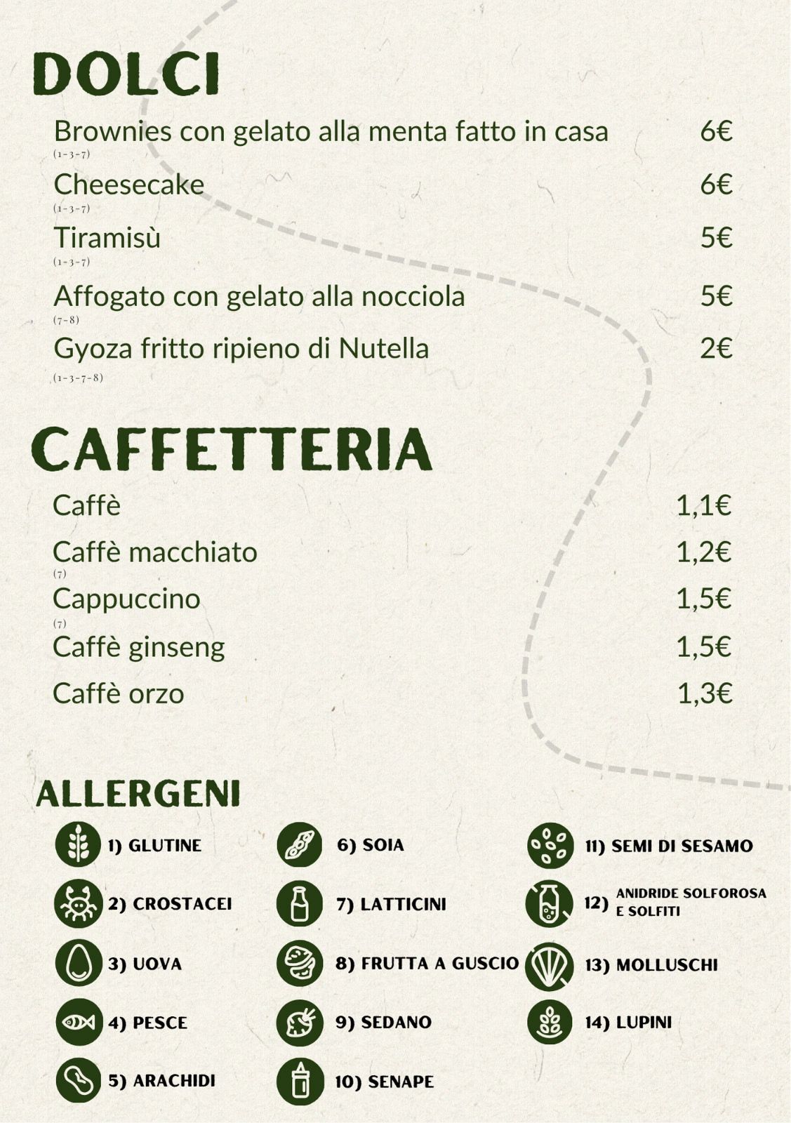 Italian dessert and coffee menu with allergen information.