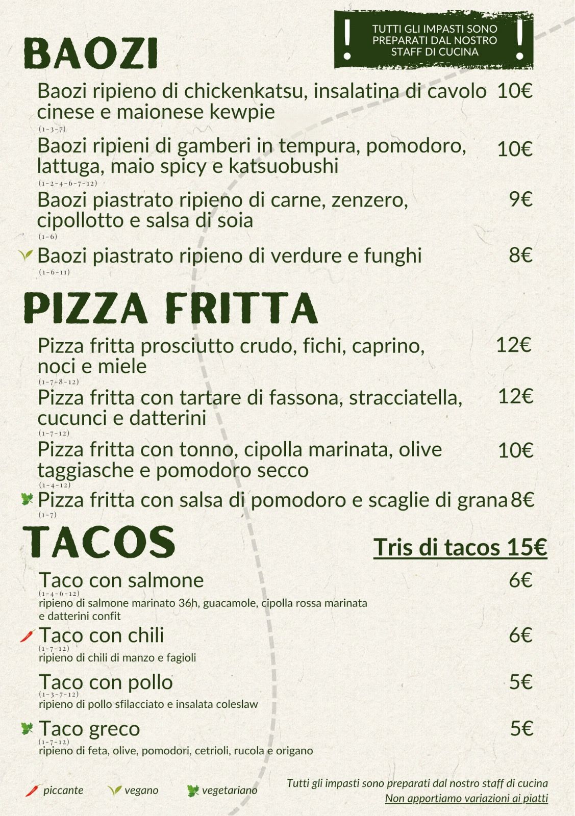Menu featuring Baozi, Pizza Fritta, and Tacos with various fillings and prices.