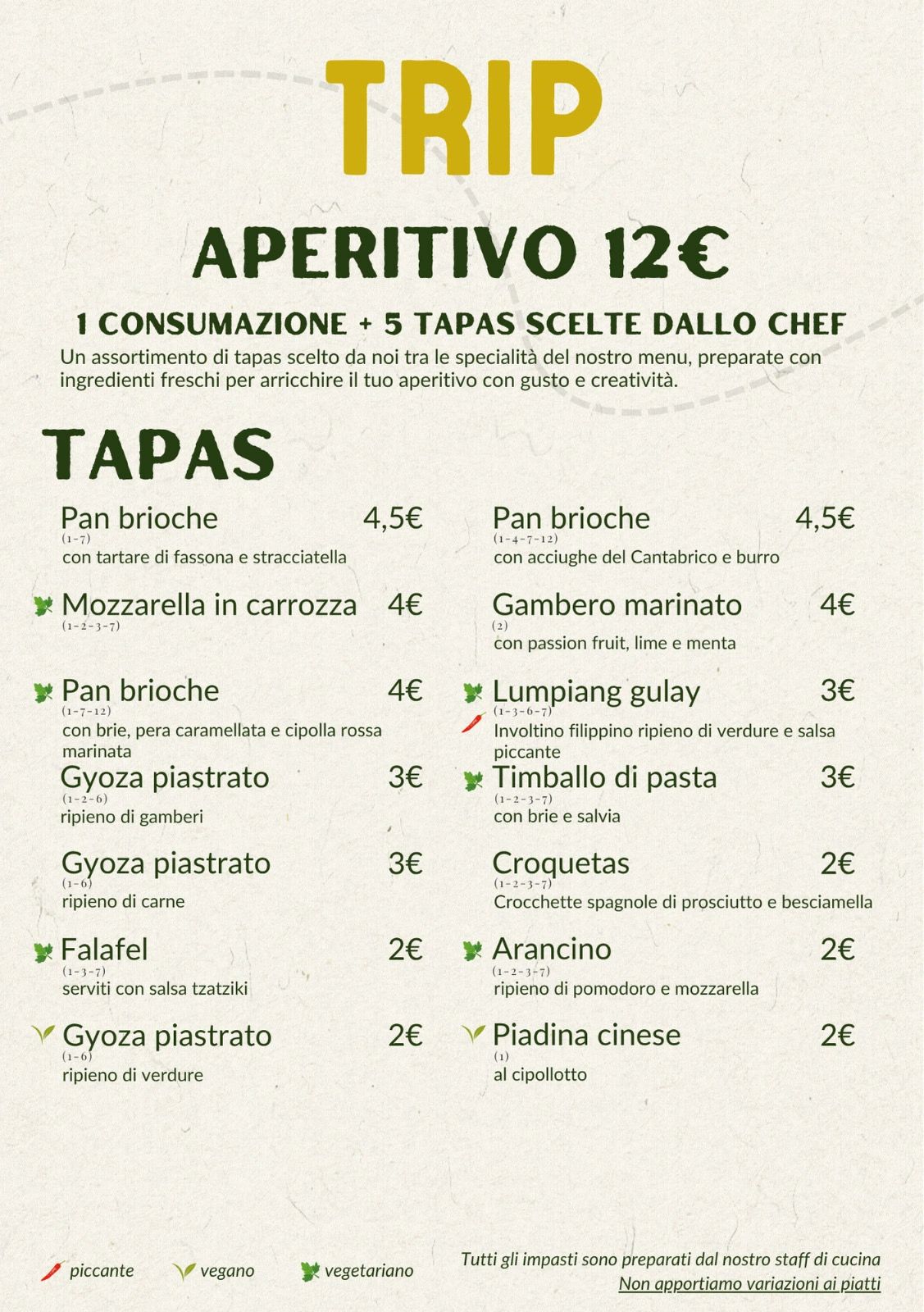 Menu of Italian tapas with prices and dietary icons.