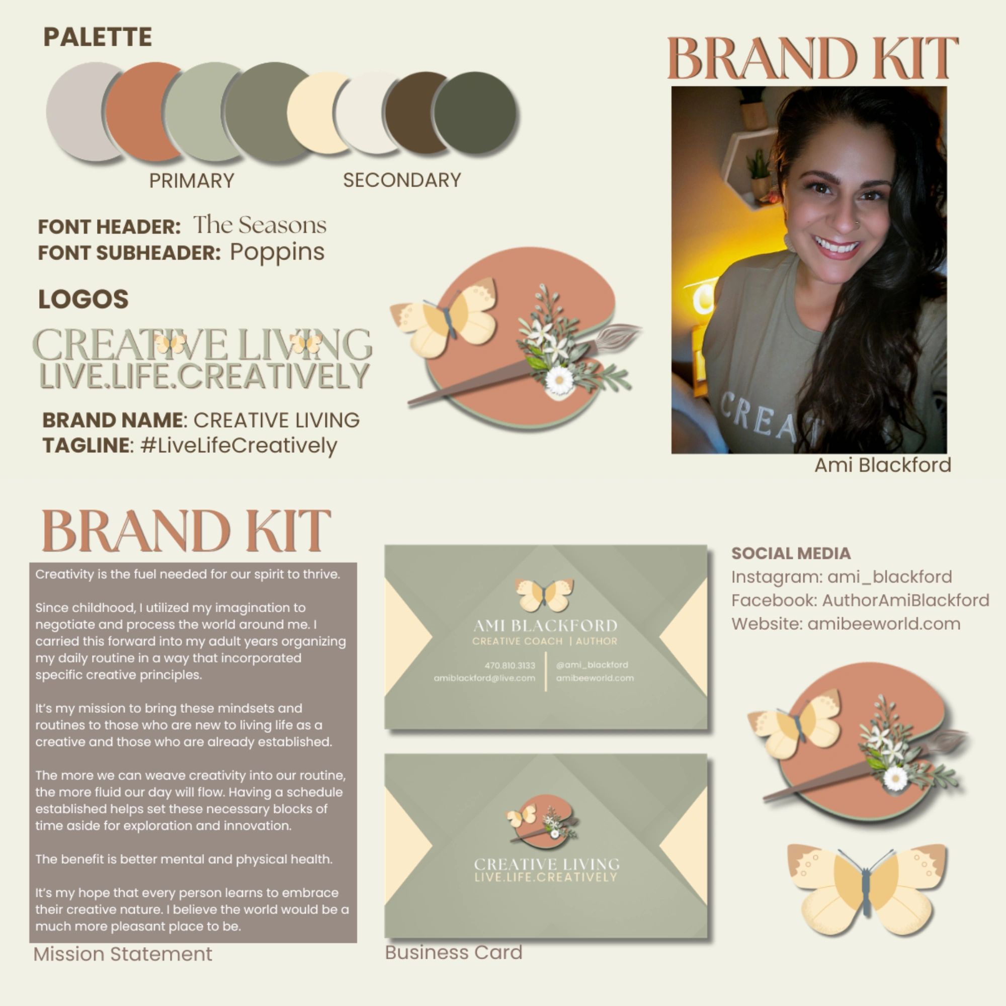 Creative Living brand kit with earthy tones and elegant fonts.