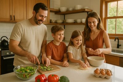 Family cooking together in a kitchen, smiling and preparing food.