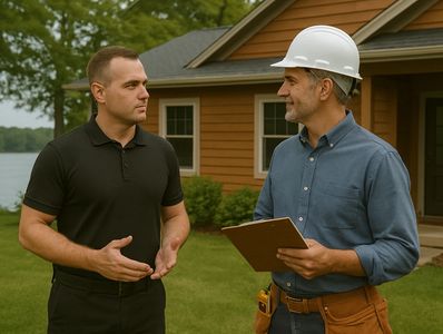 Two men discussing a construction project outside a house.