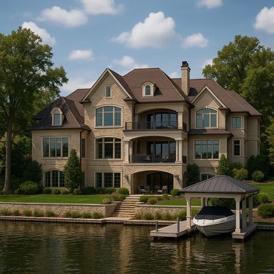 Large luxury house by a peaceful lake with a covered boat dock.