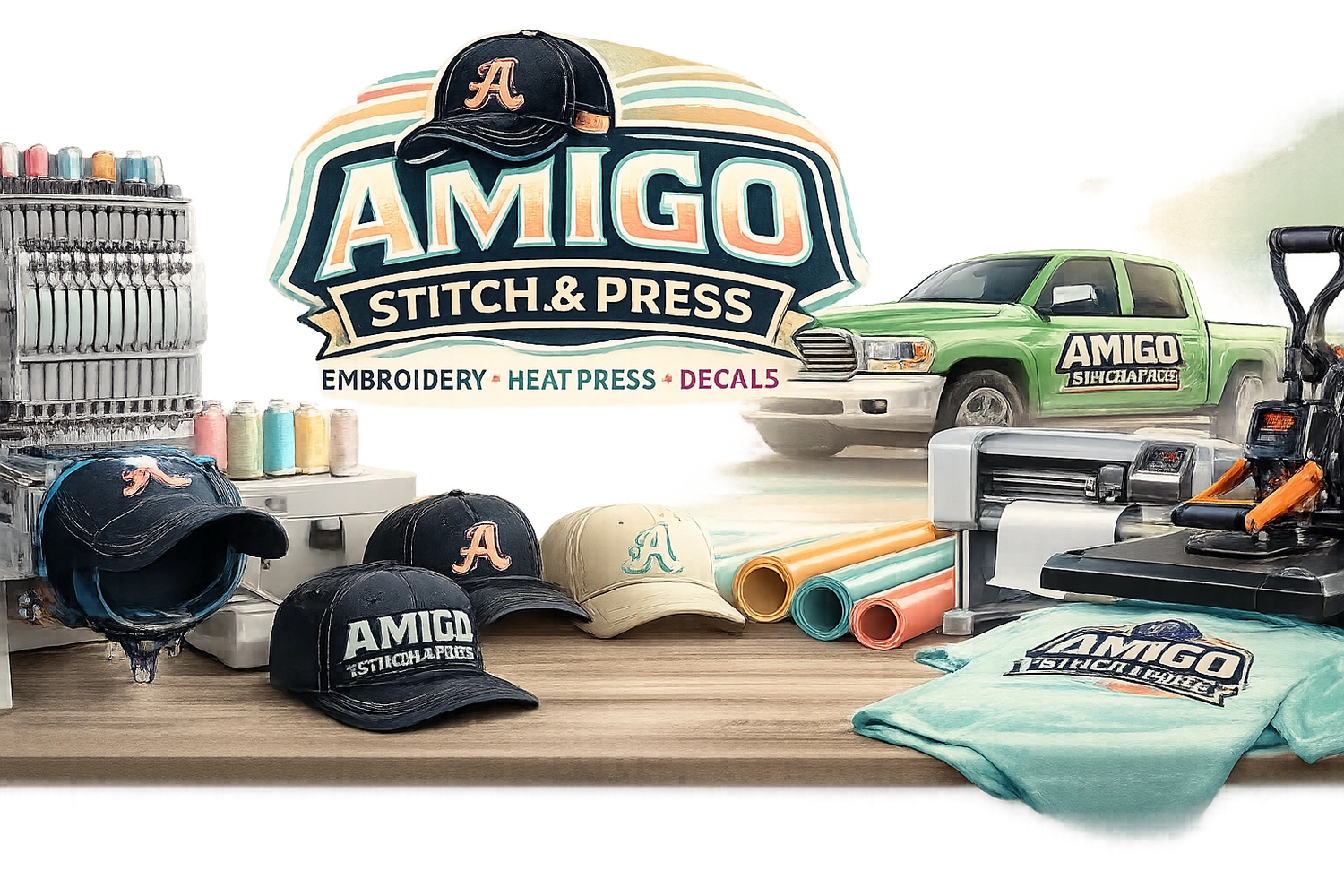 Workspace showcasing embroidery, heat press, and decal services with branded caps, shirts, and vehicle in vibrant colors.
