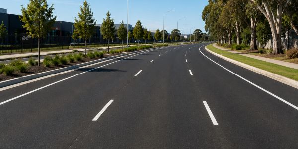 Empty multi-lane road lined with trees on both sides under clear sky.