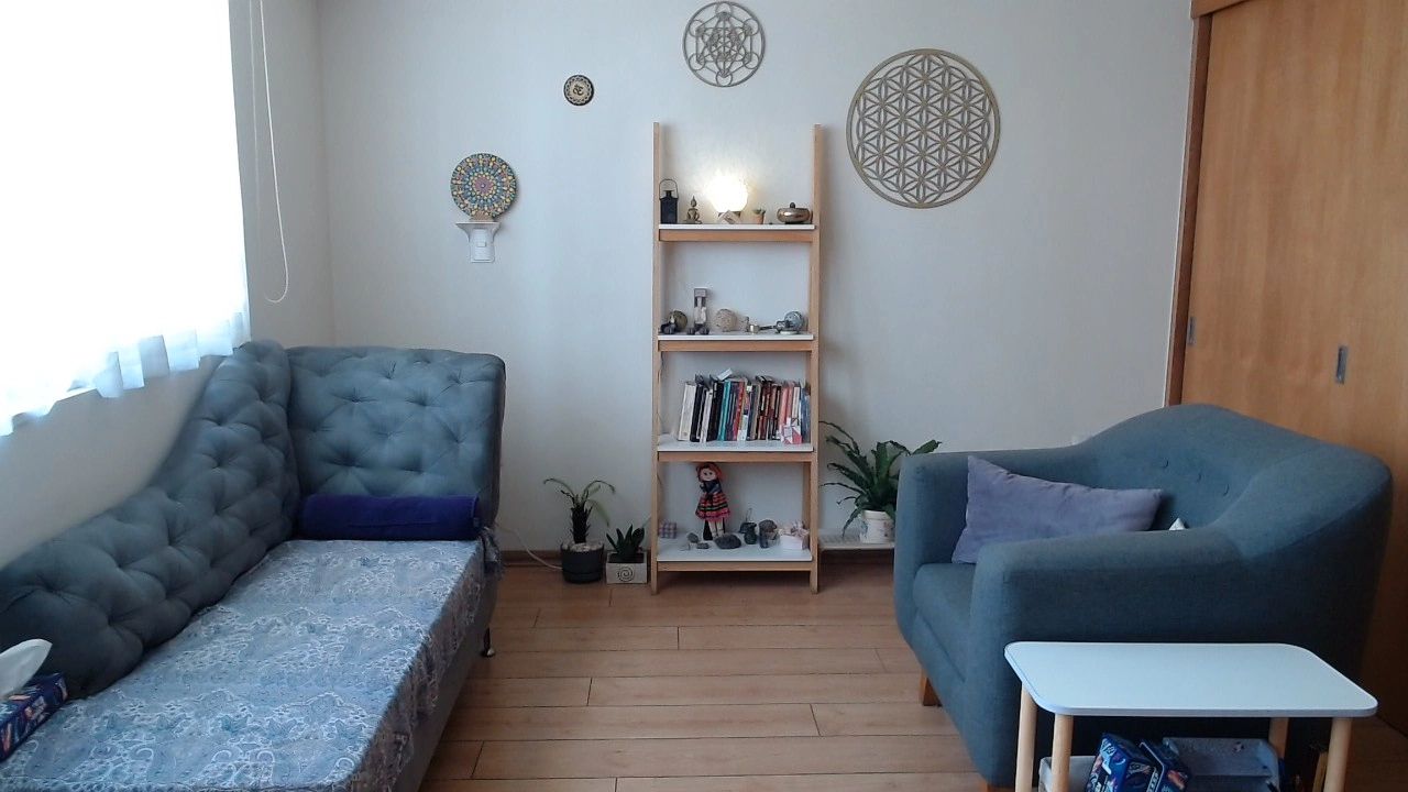 Cozy living room with blue cushioned seating, wooden shelves, and decorative wall art.