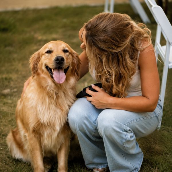 A woman happily pets a smiling golden retriever outdoors on the grass.