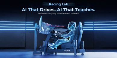 A person uses an advanced racing simulator with AI-driven controls.