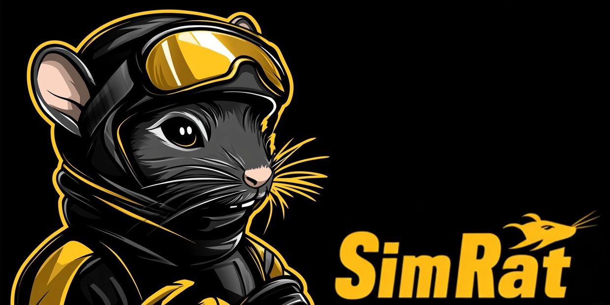 Stylized rat character in black and yellow gear with the text 'SimRat'.
