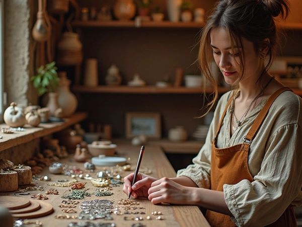 Young woman crafting jewelry in a warm, cozy workshop.