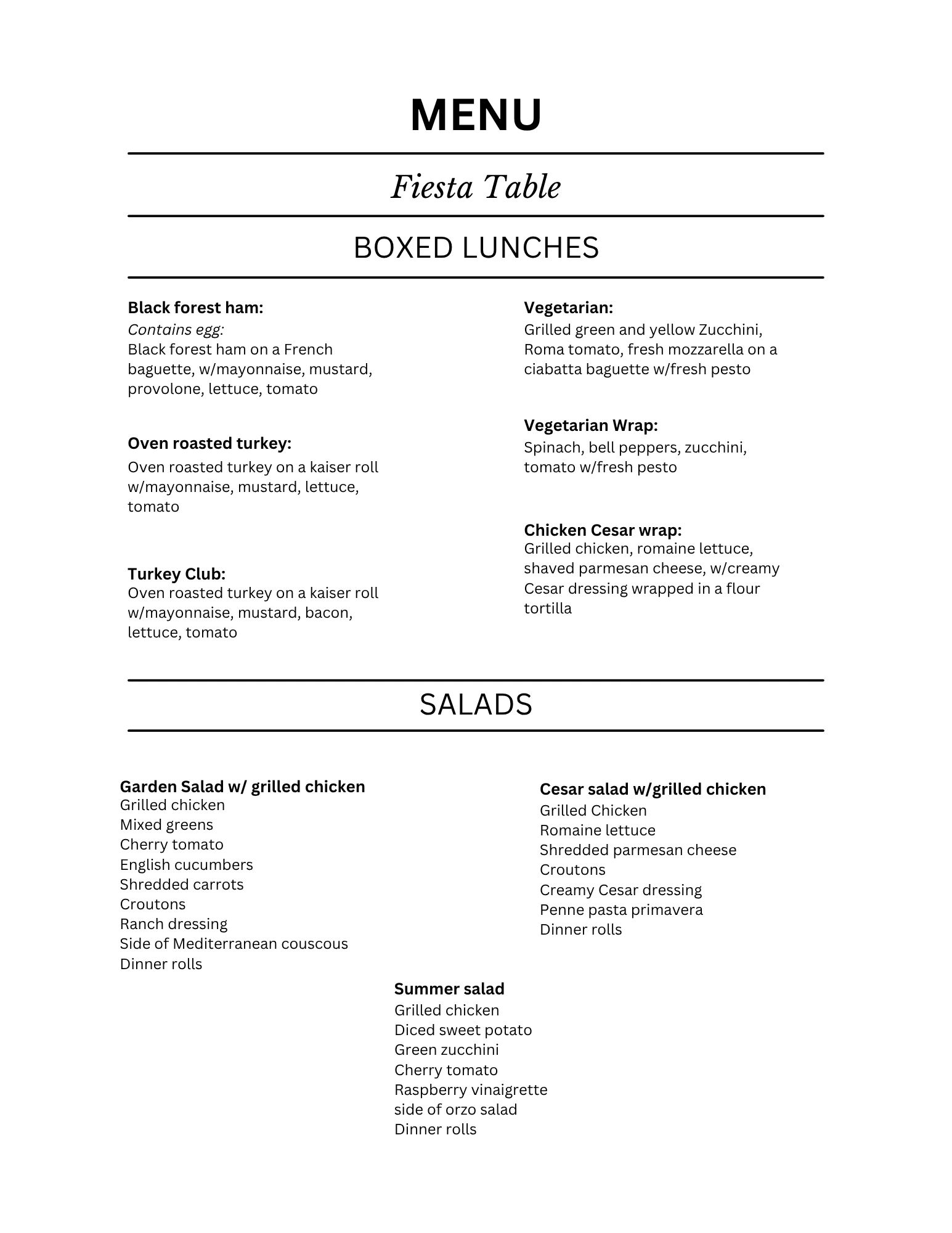 Boxed Lunches Menu