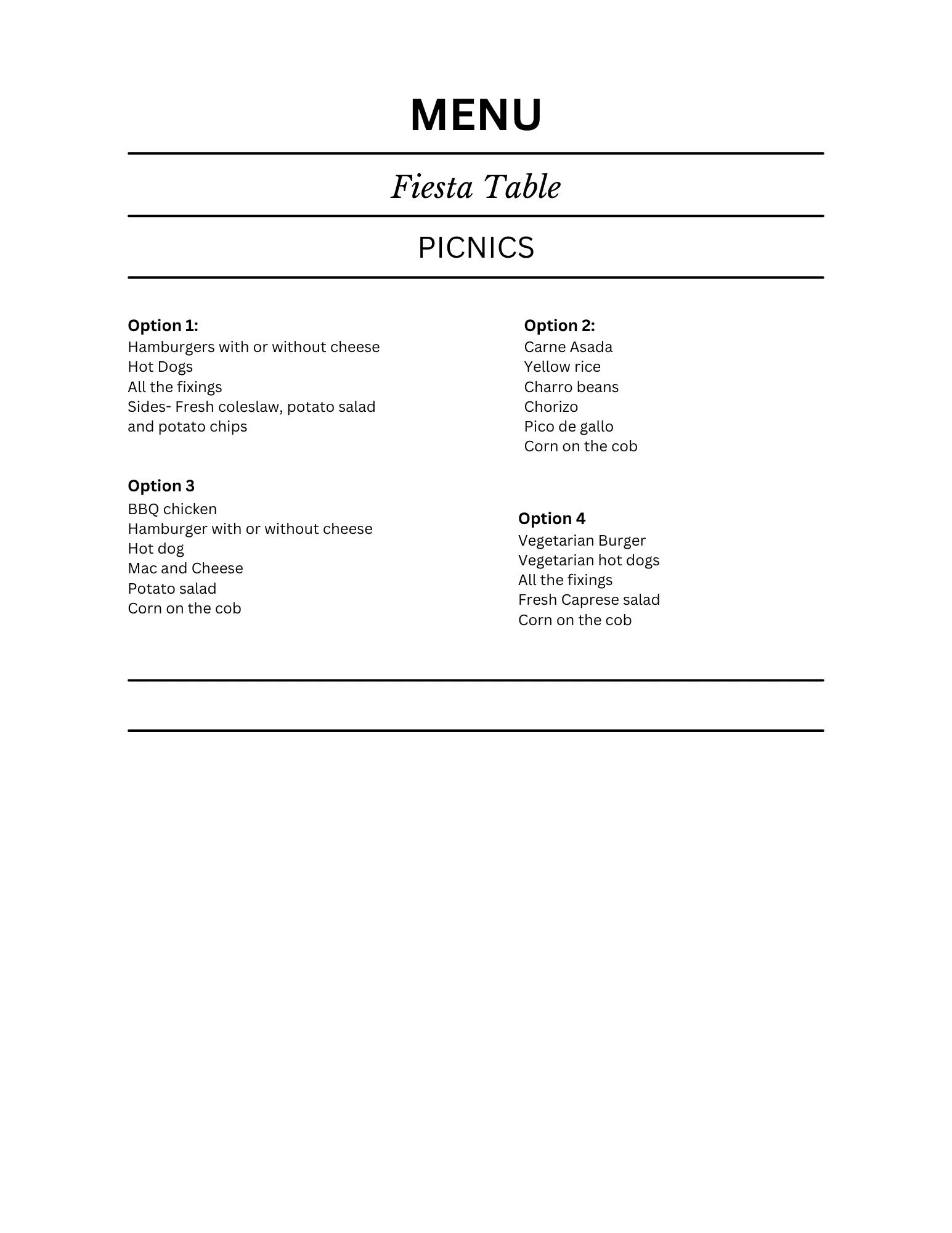 Picnic Menu