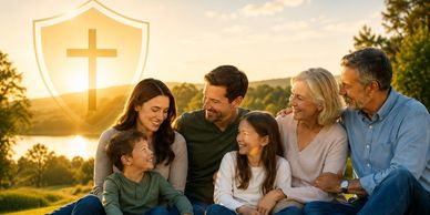 picture of a family sitting under a shield with a cross in it