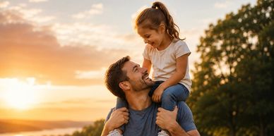 Father carrying daughter on shoulders during sunset outdoors.