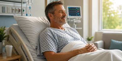 Older man sitting in hospital bed