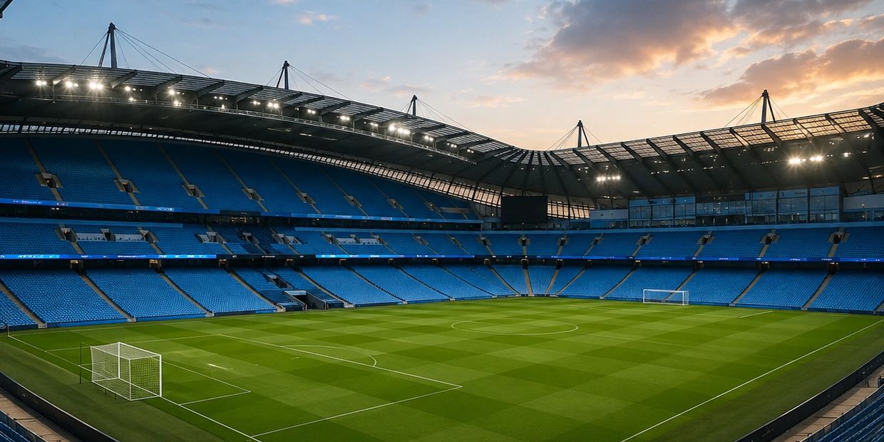 Empty stadium with green field at dusk.